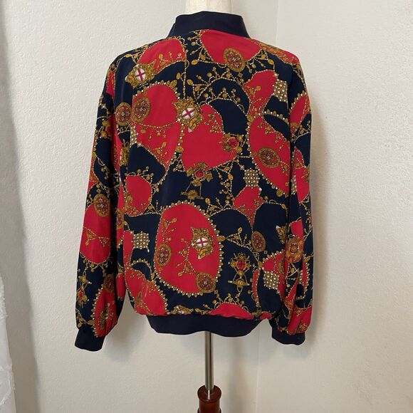 Vintage Silk Red Blue Gold Nautical Bomber Jacket Medium Regal Old Money - Picture 2 of 8